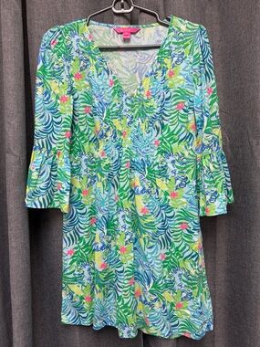 Lilly Pulitzer Green Tropical Floral V-Neck Dress with Pink Accents
